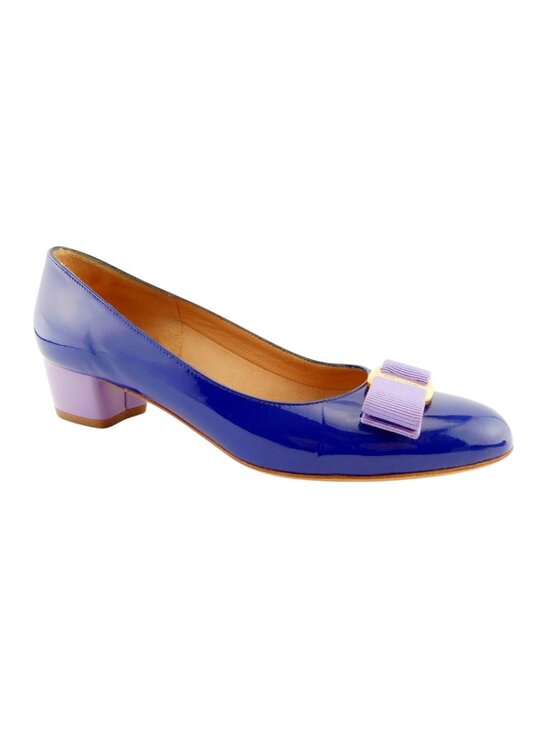 Salvatore Ferragamo Shoes - FERRAGAMO Vara Logo Bow Brilliant Blue & Lavender Patent Block Heel Pumps 6.5